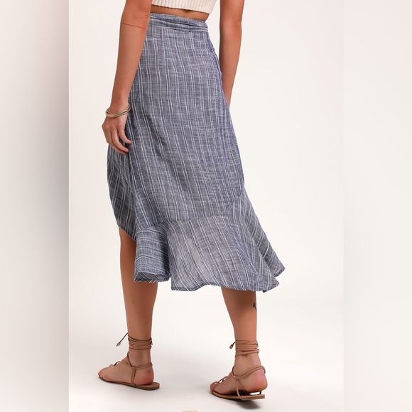 Lulu’s By the Bay Washed Blue and White Striped Ruffled Midi Skirt - Picture 2 of 5
